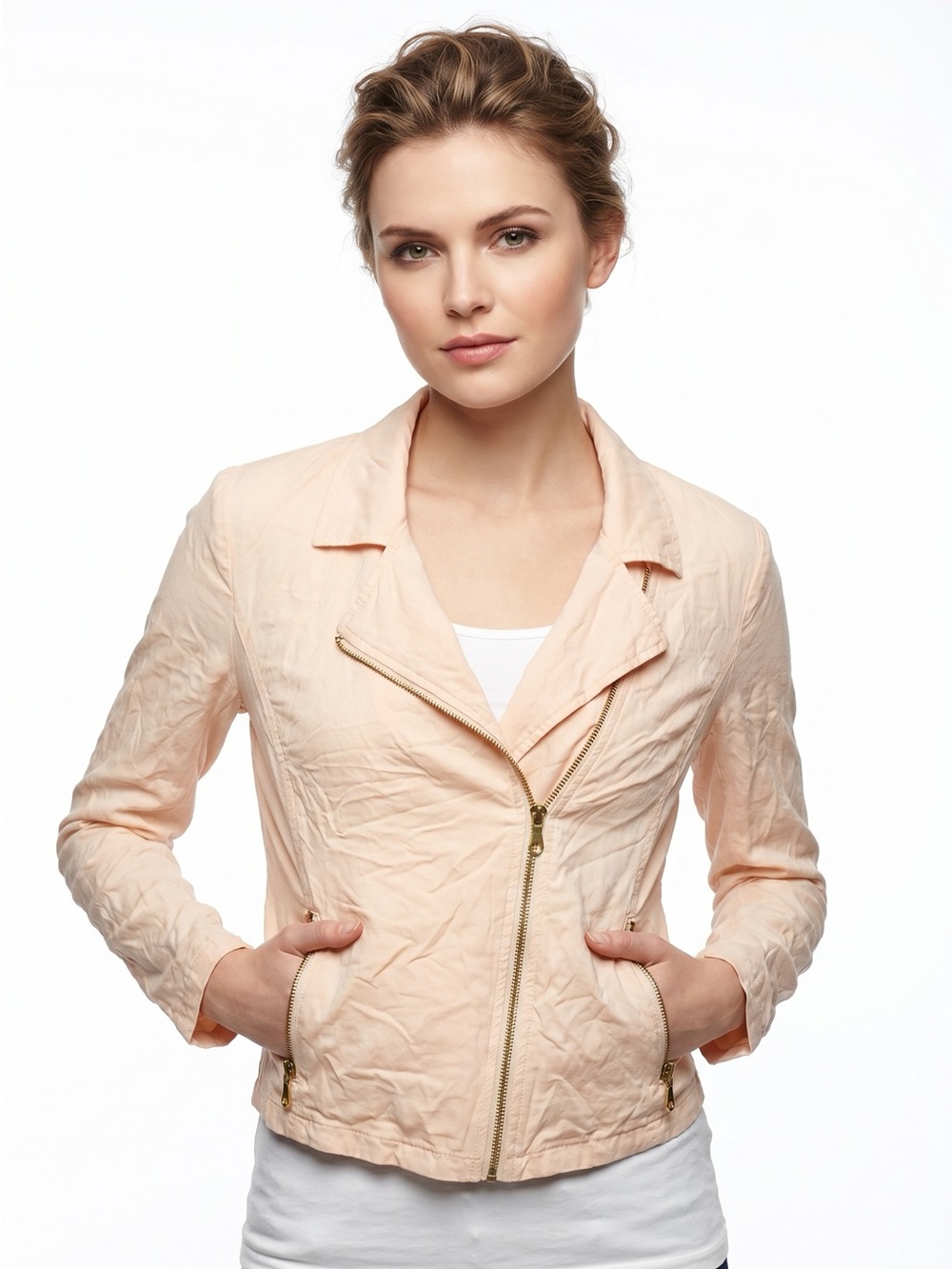 Dynamite Light Peach Asymmetric Zip Leather Jacket